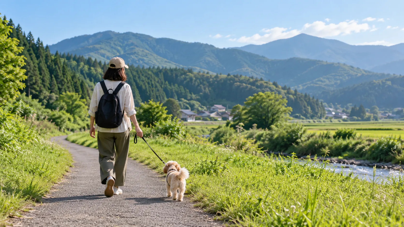 田園の小道を愛犬と歩く旅人のイメージ
