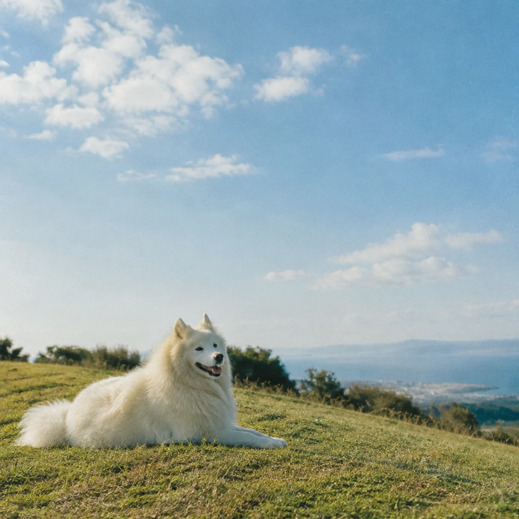 青空の下、草原でくつろぐ白い犬