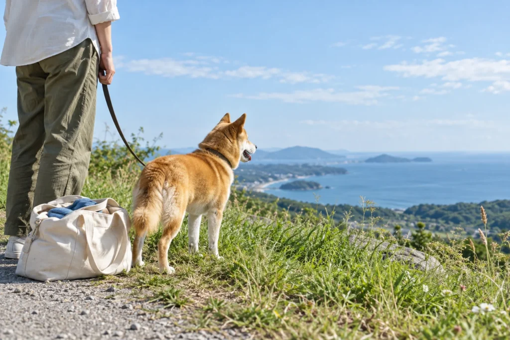 青空の下、旅行バッグと出発を待つ愛犬のイメージ