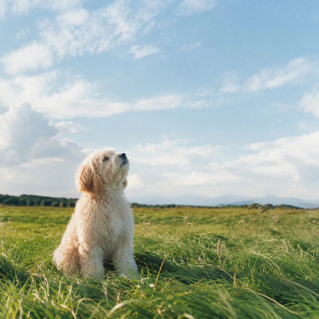 青空の下、草原で過ごす犬